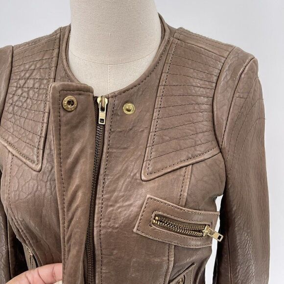 Hoss Intropia Designer LAMB LEATHER brown biker jacket EU 36 bomber - Picture 4 of 10
